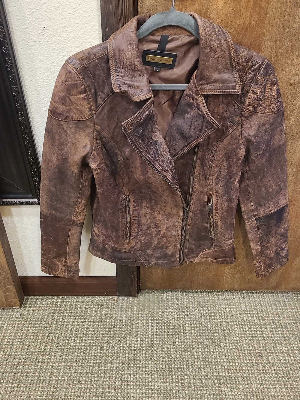 Black Label Brown Distressed Leather Moto Jacket - Women